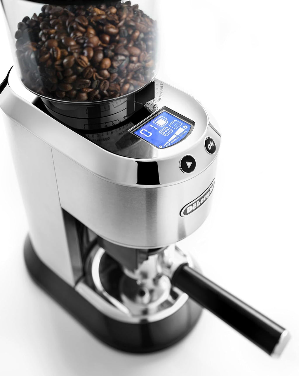 De'Longhi Dedica Conical Burr Grinder with Portafilter Attachment, 6.9 x 11.2 x 18.1 inches, Silver