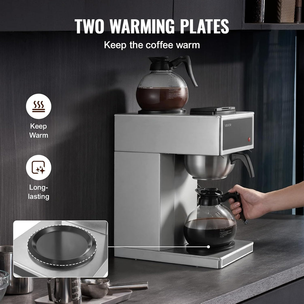 VEVOR Commercial Drip Coffee Maker, 12 Cups Coffee-Maker Machine with 2 Glass Carafes and 2 Decanter Warmer Plates, Stainless Steel Drip Style Coffee Brewer, for Restaurant, Office, Coffee Shop & Home