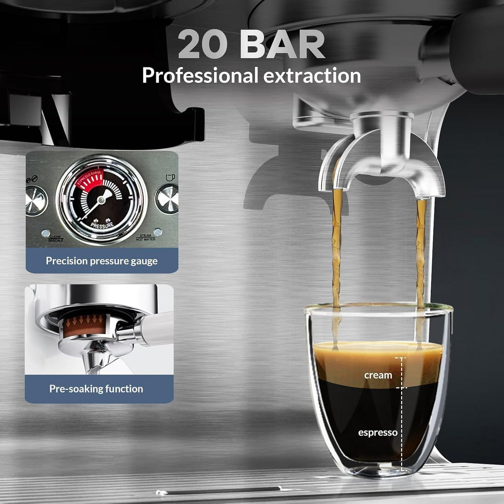 Garvee Espresso Machine with Grinder & Milk Frother, 20 Bar Professional Pressure & 95Oz Large Water Tank, Semi-Automatic Coffee Maker for Cappuccino/Latte/Macchiato, Design for Home Barista
