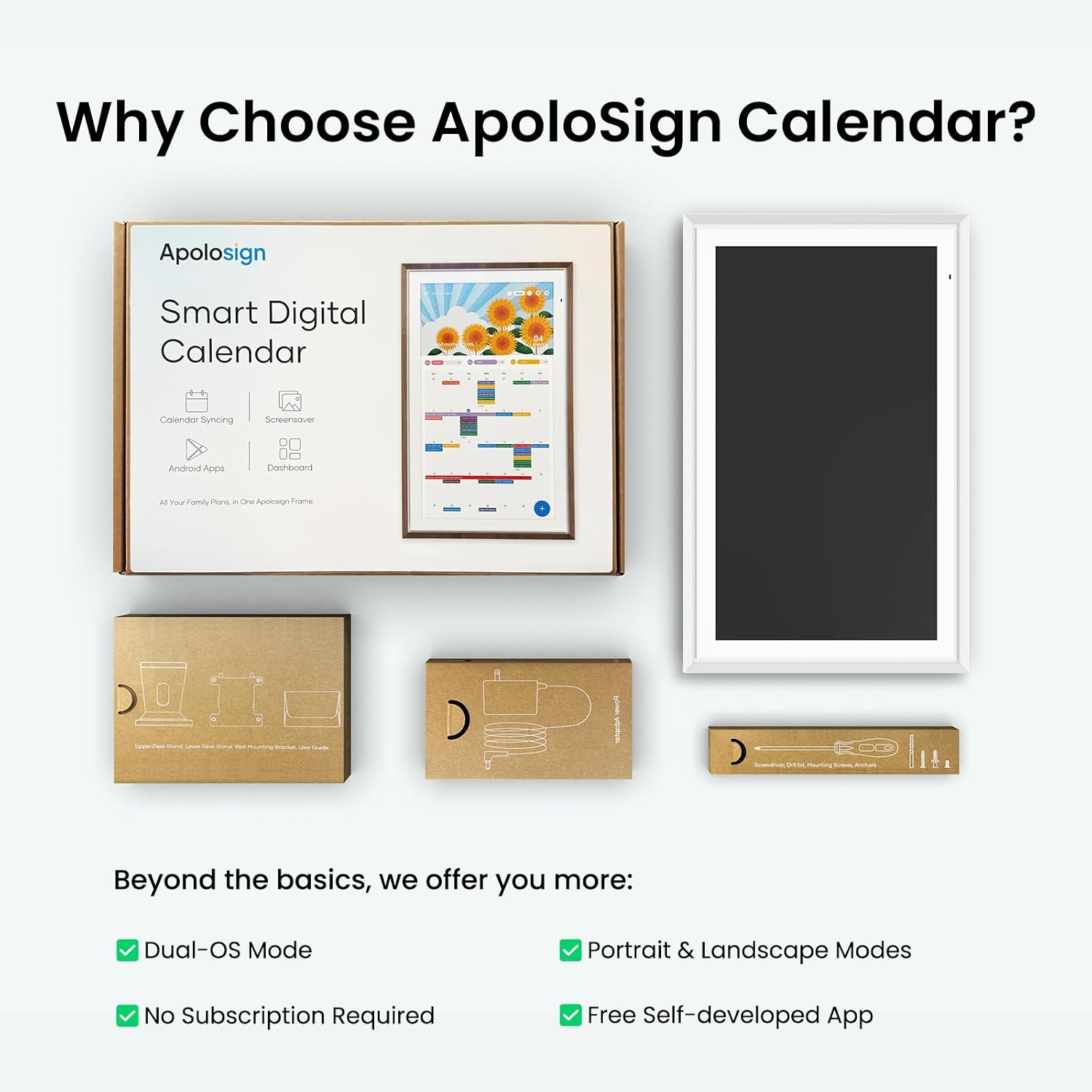 Apolosign 15.6-inch Digital Calendar : Dual Mode Smart Wall Planner, No Subscription, Install Apps, Sync Calendars, Electronic Touchscreen Interactive Display for Family Schedules, Chore Chart (White)