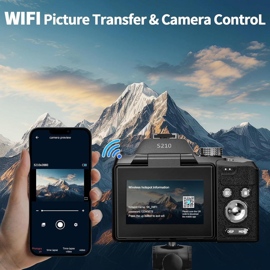 NBD 64MP Digital Cameras for Photography,5K Vlogging Cameras for YouTube,16X Optical Zoom Travel Point and Shoot Digital Cameras Fotograficas with 180°Flip Screen,58mm UV Lens,2 Batteries（Black）