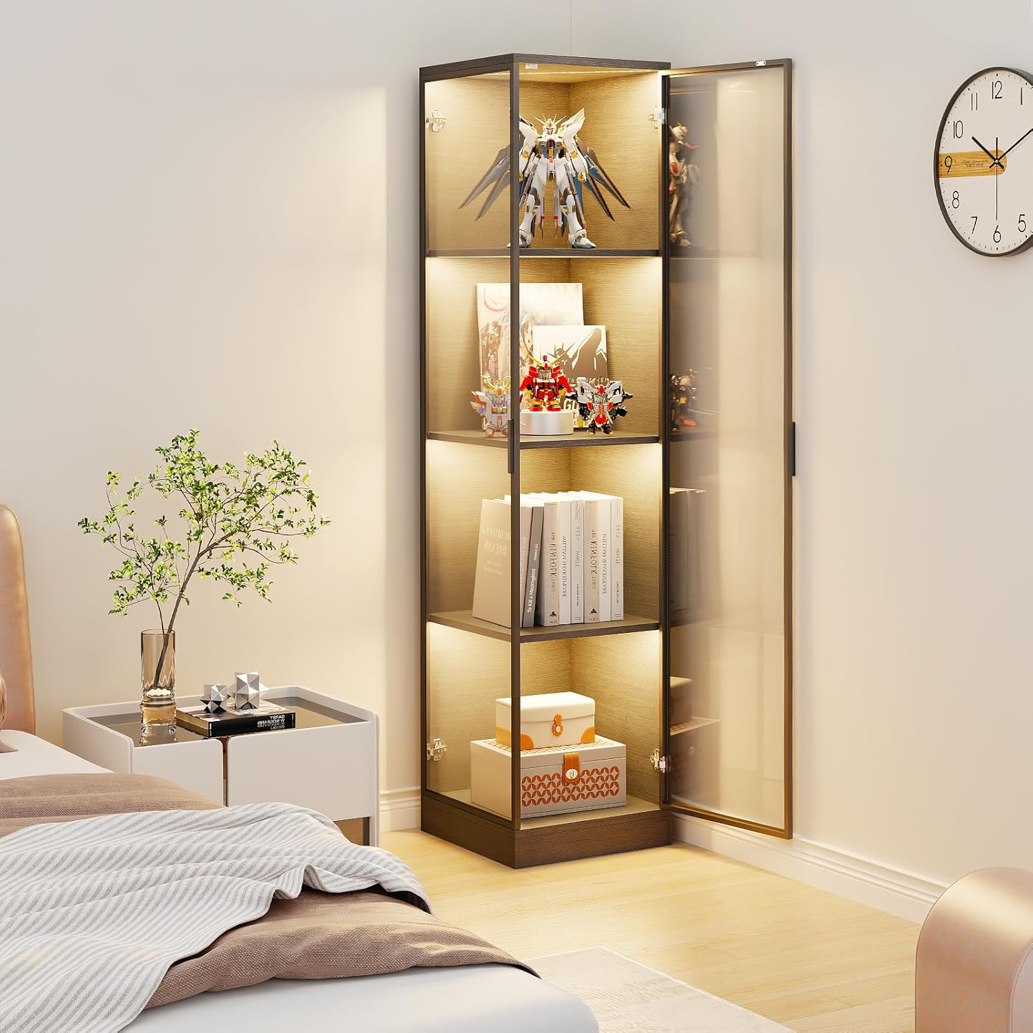 BROTTAR Corner Display Cabinet with Doors, 4-Tier Curio Cabinet for Collectibles, Display Case with 3 Color Light, Storage Cabinets with Door, Bookcase with Human Body Sensor, Black (15.7' W)
