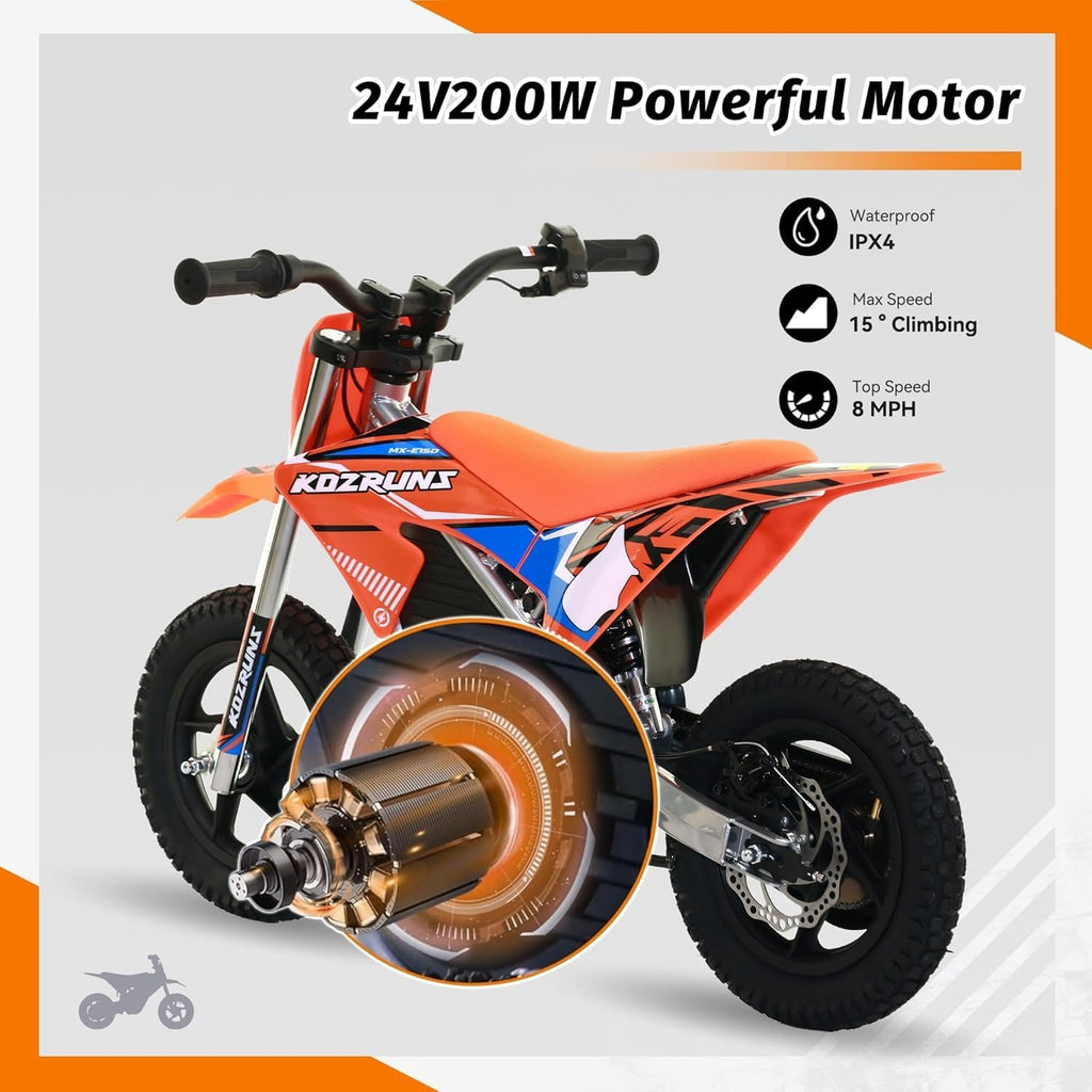 Electric Dirt Bike for Kids 3-7, 150W Powerful High Performance Racing Electric Motorcycle, 2 Speed Settings, Up to 8.0MPH, 12-Inch Off-Road Tires, Rear Disc Brakes & Advanced Suspension