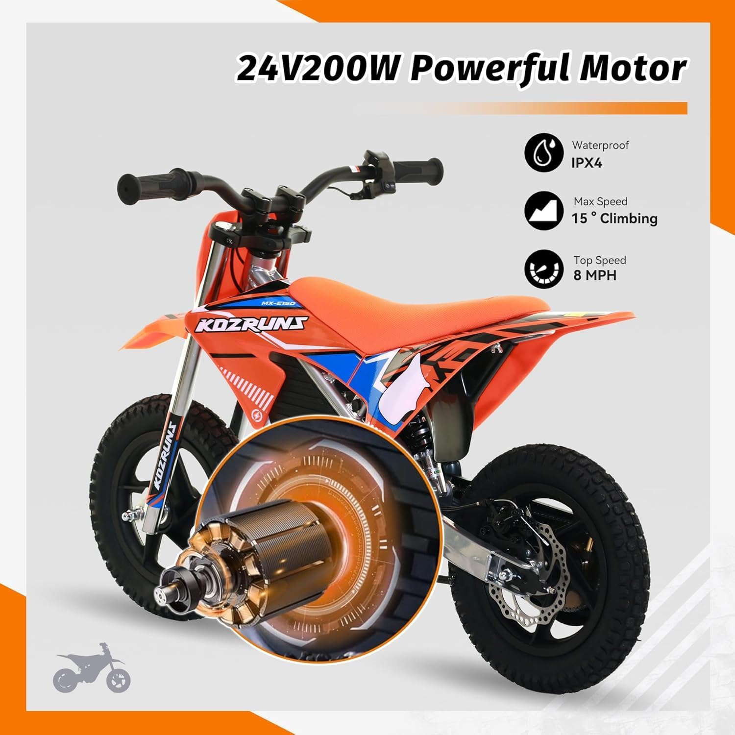 Electric Dirt Bike for Kids 3-7, 150W Powerful High Performance Racing Electric Motorcycle, 2 Speed Settings, Up to 8.0MPH, 12-Inch Off-Road Tires, Rear Disc Brakes & Advanced Suspension