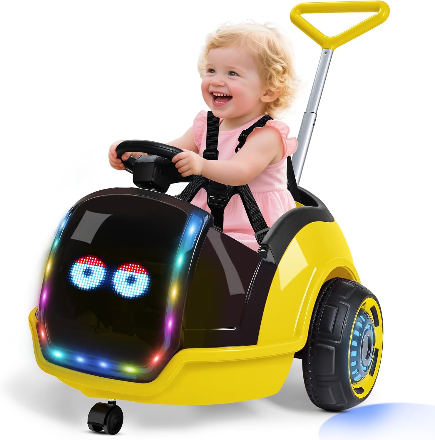 ANPABO 3-in-1 Electric Push Ride On Car, 12V Kids Ride On Toy w/Remote Control, 360° Spin, LED Display, 5-Point Safety Belt, Colorful LED Light, Music Player, Push Car for Toddler Ages 1-3 (Yellow)
