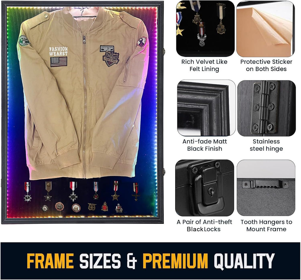 KCRasan LED Military Uniform Display Case - Police Uniform Display Frame - Uniform Shadow Box Wall Cabinet with Uv Protection Acrylic Door for Collection Military Uniform Black