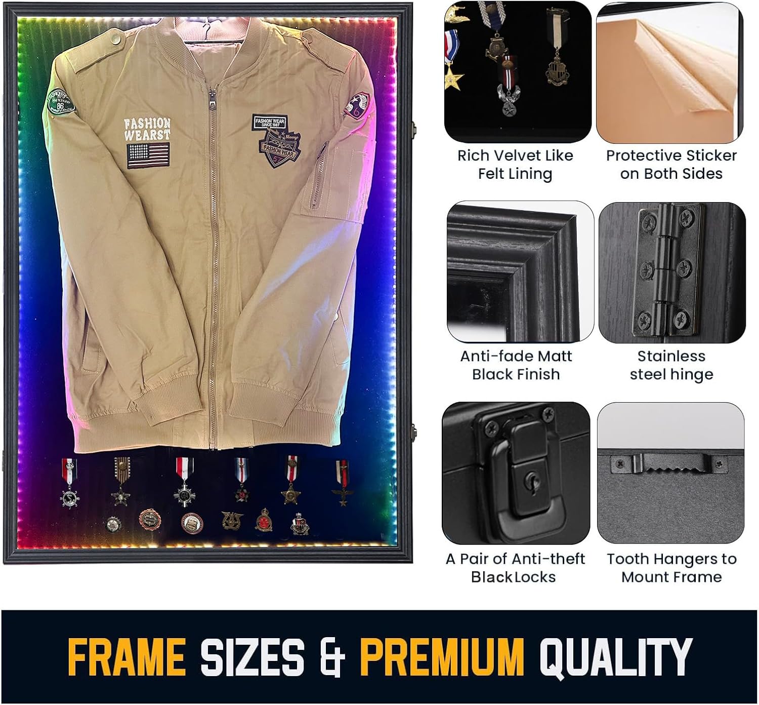 KCRasan LED Military Uniform Display Case - Police Uniform Display Frame - Uniform Shadow Box Wall Cabinet with Uv Protection Acrylic Door for Collection Military Uniform Black