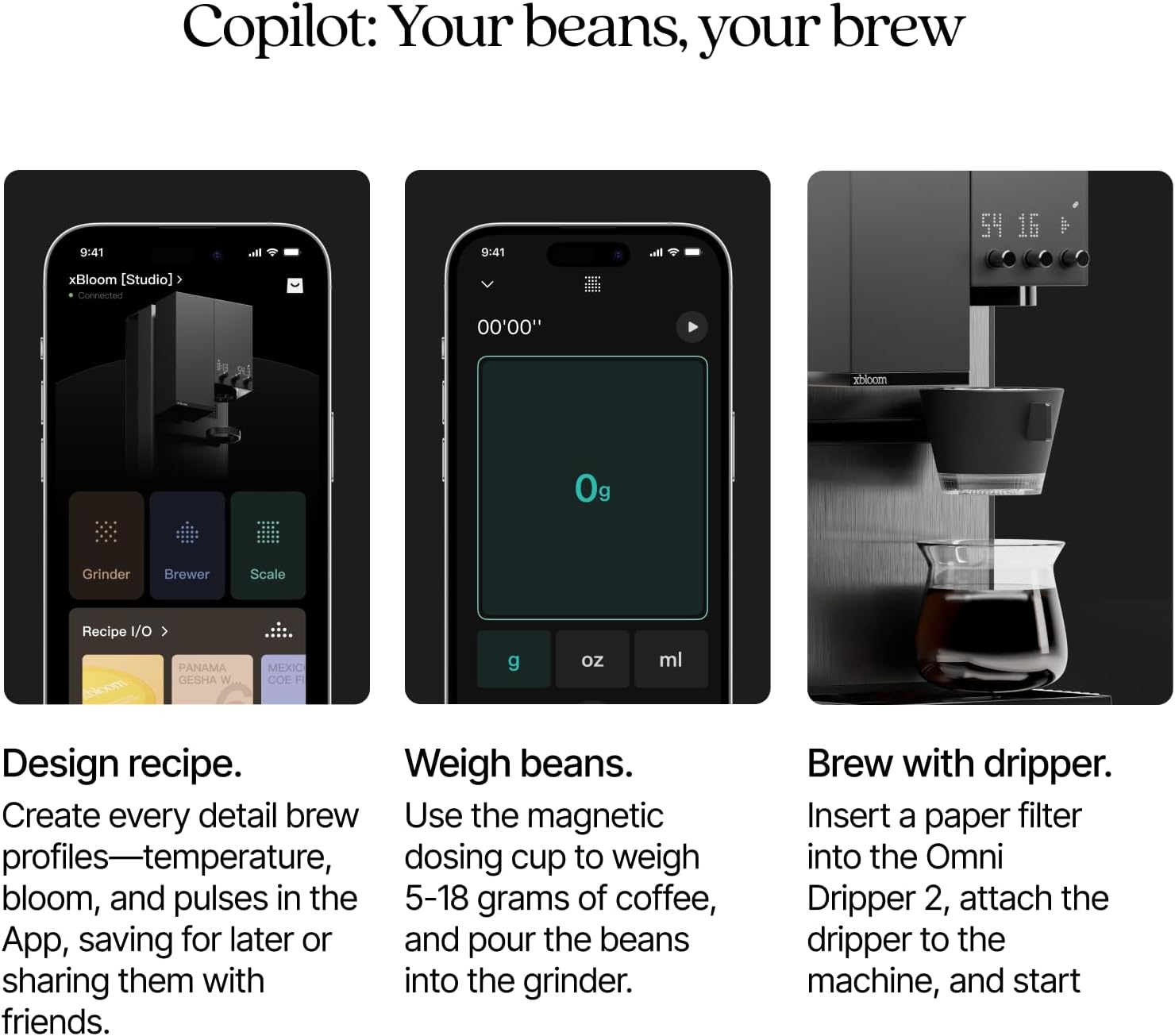 xBloom Studio Coffee Machine – Drip Coffee Maker with Built-in Grinder and Scale, 3 Automation Levels, App Connected Pour Over Coffee Maker for Home and Office, Midnight Black