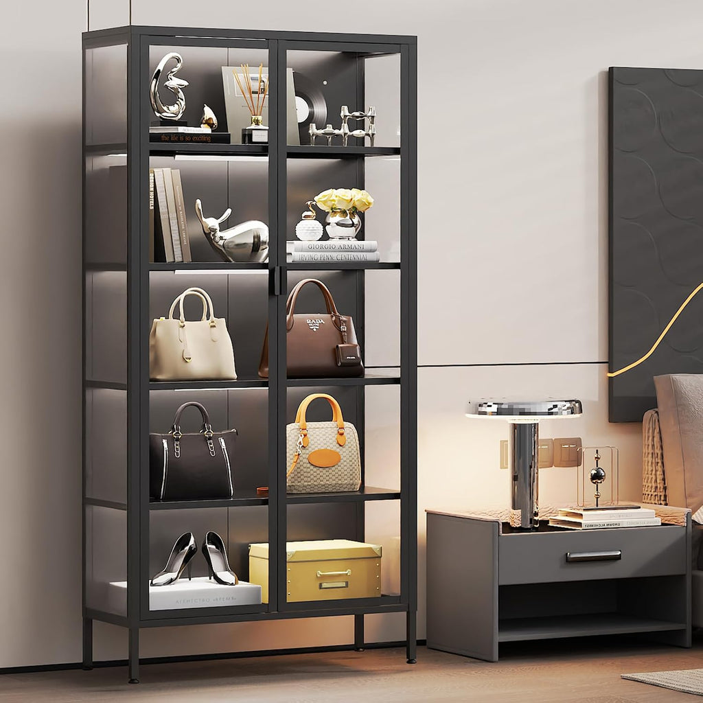 Eltean 71' H Display Cabinet with Glass Doors, 5 Tiers Curio Glass Display Cabinet with 3 Colors LED Sensor Light,Display Cabinets for Collectible with 4 Adjustable Shelves for Living Room,Bedroom