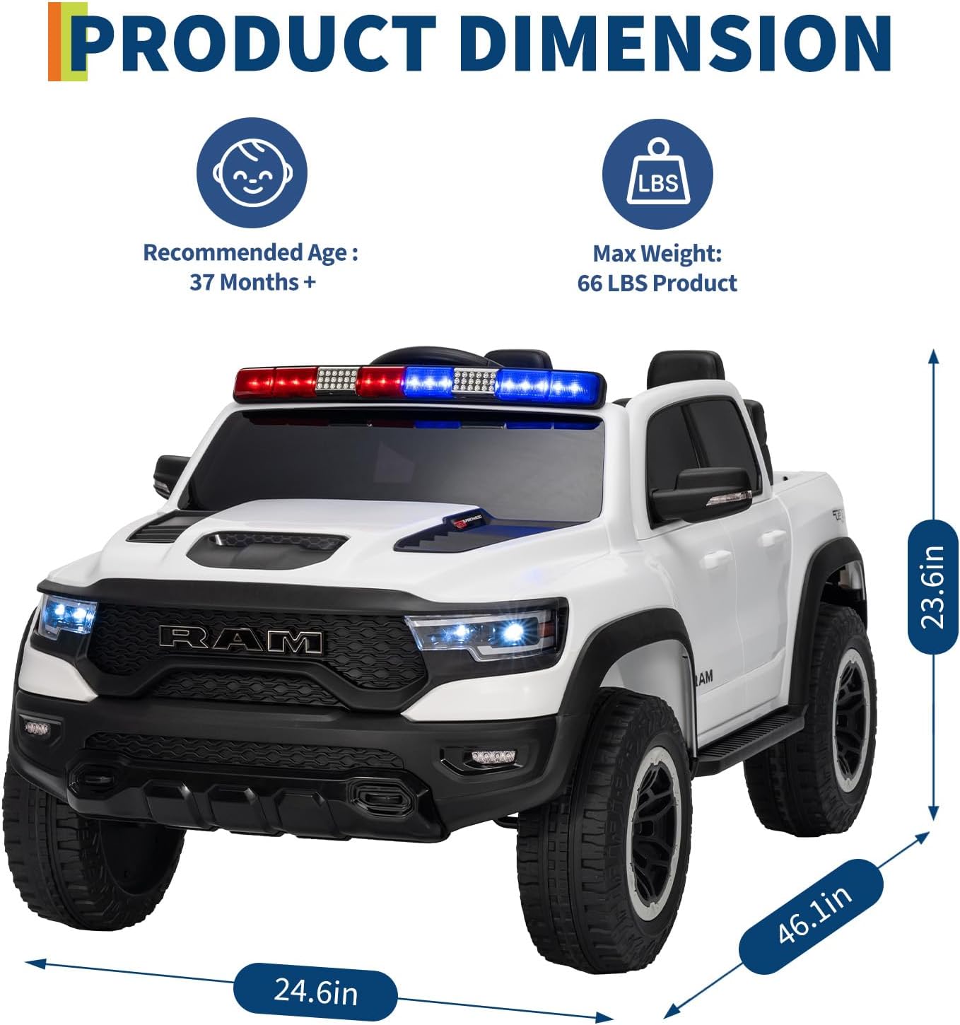 Garvee Ride On Car, Licensed RAM 12V Kids Ride On Police Car with Remote Control, Electric Pickup Truck for Toddlers, 3 Speeds, Spring Suspension, LED Lights & Parent Safety Lock
