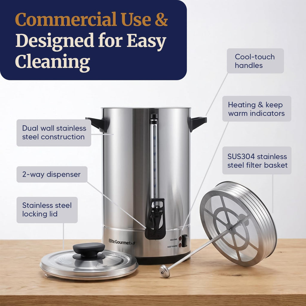 Elite Gourmet 100-Cup Commercial Coffee Urn & Hot Water Boiler – Dual-Wall Insulated, Tested to Keep Coffee Hot for 24 Hours, Dripless Faucet, Stainless Steel for Offices, Churches & Catering