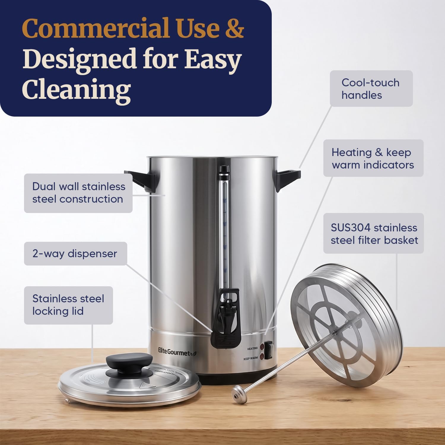 Elite Gourmet 100-Cup Commercial Coffee Urn & Hot Water Boiler – Dual-Wall Insulated, Tested to Keep Coffee Hot for 24 Hours, Dripless Faucet, Stainless Steel for Offices, Churches & Catering