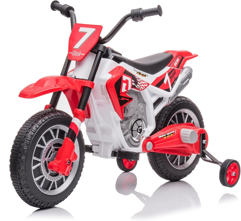 12V Electric Ride On Motorcycle for Kids Battery Powered Electric Dirt Bike Birthday Presents for Kids with Training Wheels 2 Speeds Music Player Shock Absorber, Red