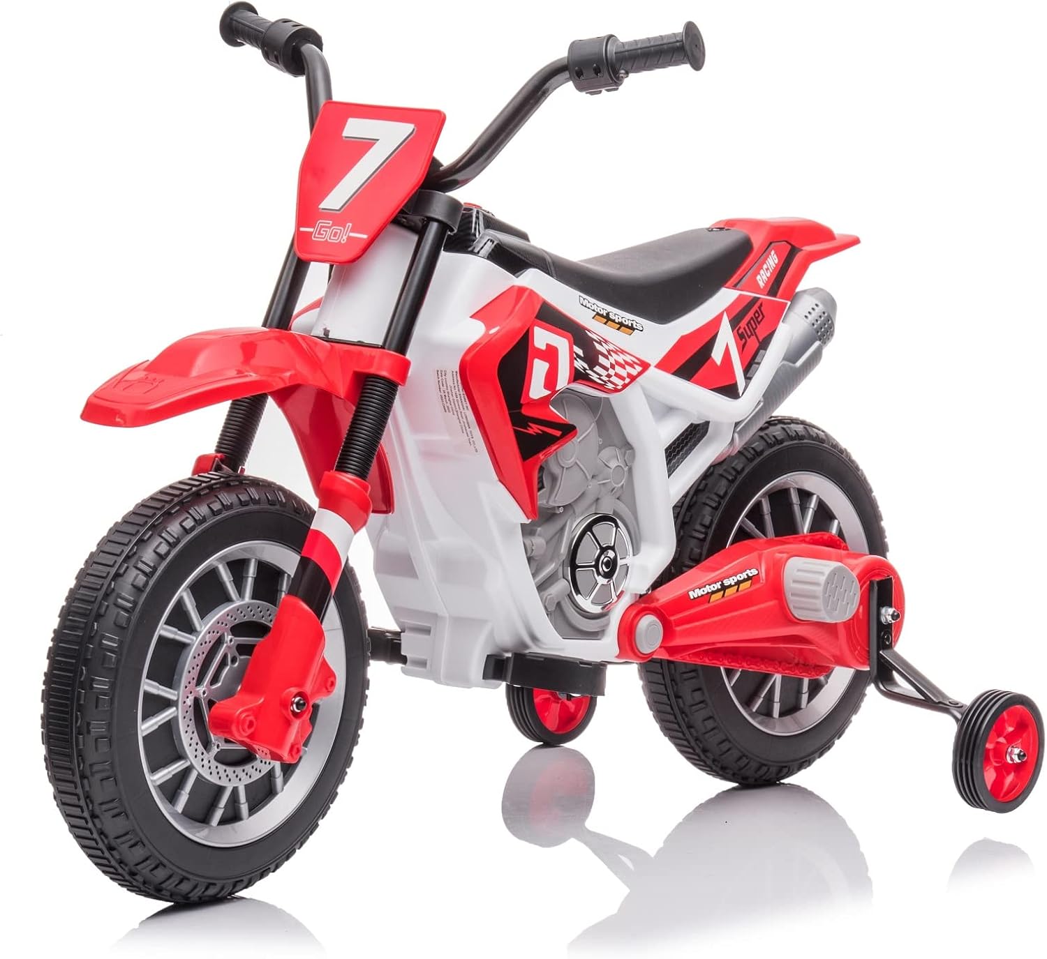 12V Electric Ride On Motorcycle for Kids Battery Powered Electric Dirt Bike Birthday Presents for Kids with Training Wheels 2 Speeds Music Player Shock Absorber, Red