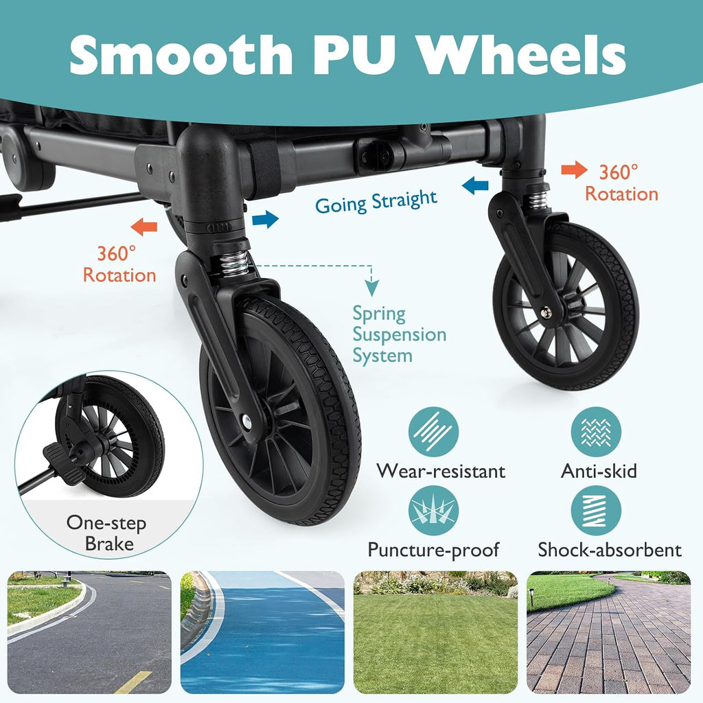 BABY JOY Wagon Stroller for 2 Kids, Collapsible Push Pull Double Stroller Wagon with Adjustable Handle Bar, Removable Canopy, Safety Harness, Cup Holder, Snack Tray & Storage Bag (Black)