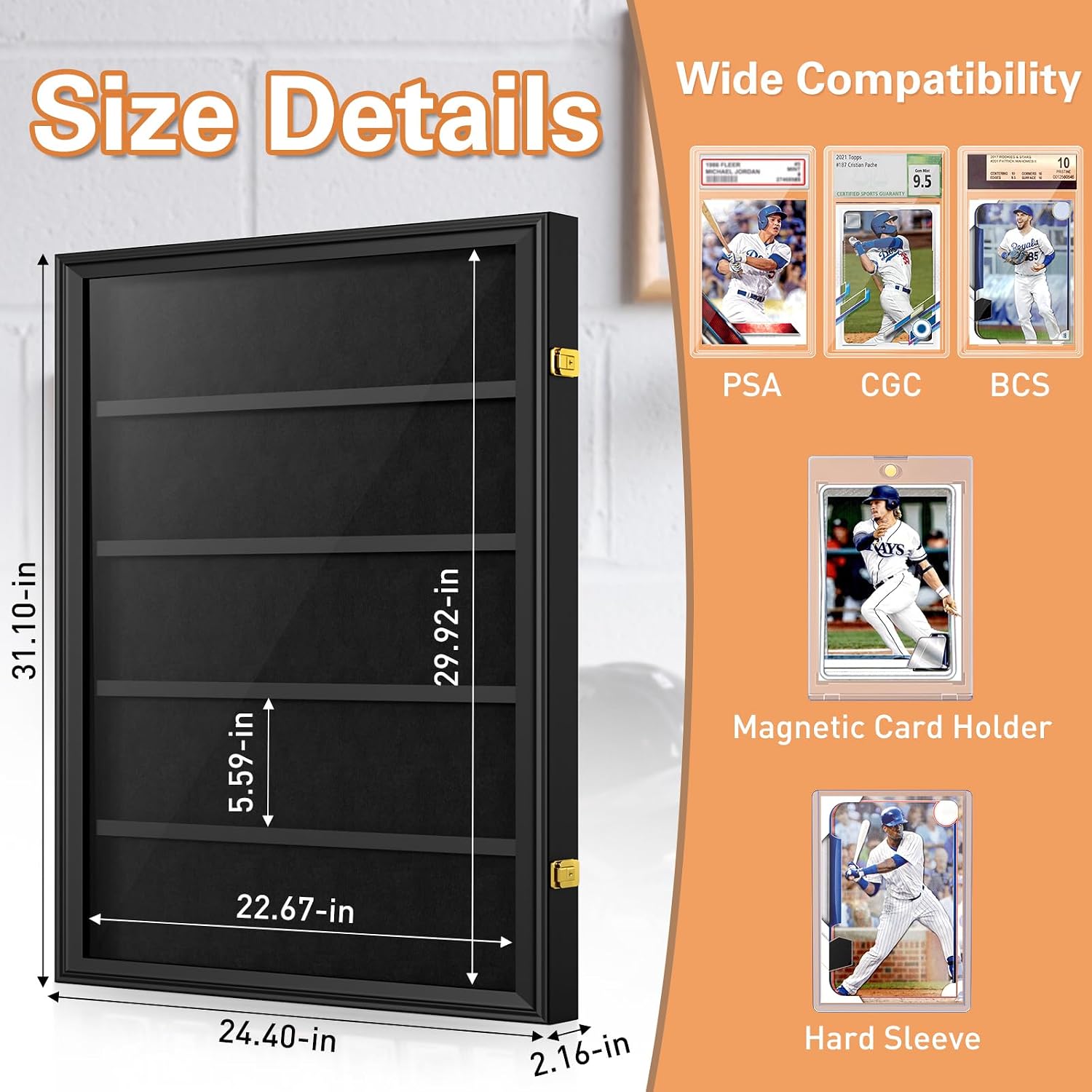 2 Pack Baseball Card Display Case, 36 Graded Card Display Frame Lockable, Trading Card Display with UV Protection Sports Card Display Case for Baseball Cards, Football Cards, Sports Cards