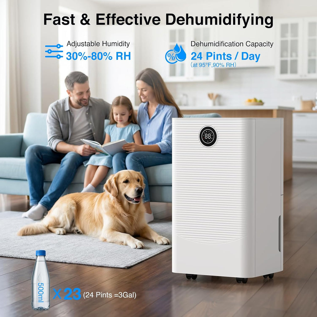 ZAFRO Dehumidifier for Home & Basement with Drain Hose, Energy Efficient 24 Pints Dehumidifier, Auto or Manual Drainage, Auto Defrost, 3 Modes, 24 Hours Timer