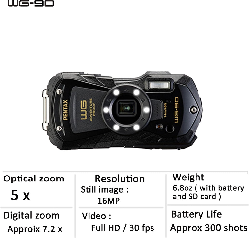 PENTAX WG-90 Black Waterproof Camera, Shockproof, Dustproof, Freezeproof, Built-in 6-LED Ring Light for Macro Photography, Underwater Shooting Mode