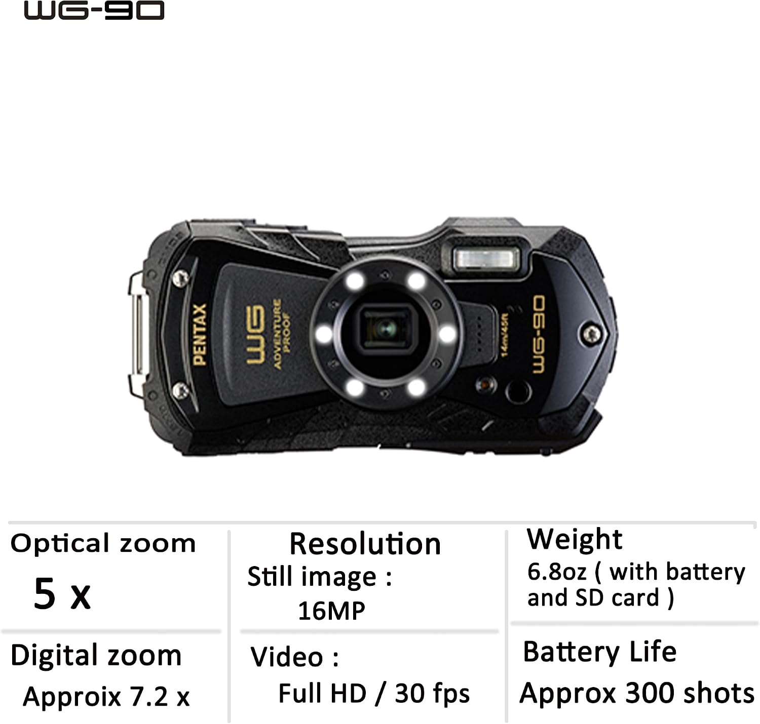 PENTAX WG-90 Black Waterproof Camera, Shockproof, Dustproof, Freezeproof, Built-in 6-LED Ring Light for Macro Photography, Underwater Shooting Mode