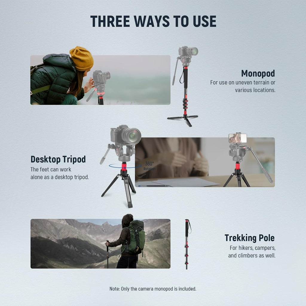 NEEWER 67.7' Camera Monopod Stand, Lightweight Carbon Fiber Travel Tripod with Detachable Base for DSLR Camcorder Video Recording, Telescopic Selfie Stick Trekking Pole, Max Load 13.2lb, TP71