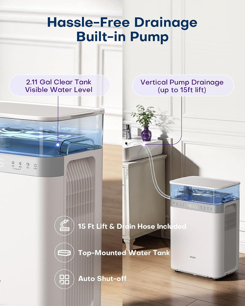 avylo Dehumidifier for Basement with Pump, 2.11 Gallon Top-Mounted Water Tank, Max 90 Pint/D, Energy Star Most Efficient 2025, 4500 Sq.Ft Dehumidifiers for Home with 41dB, Drain Hose, Auto Defrost