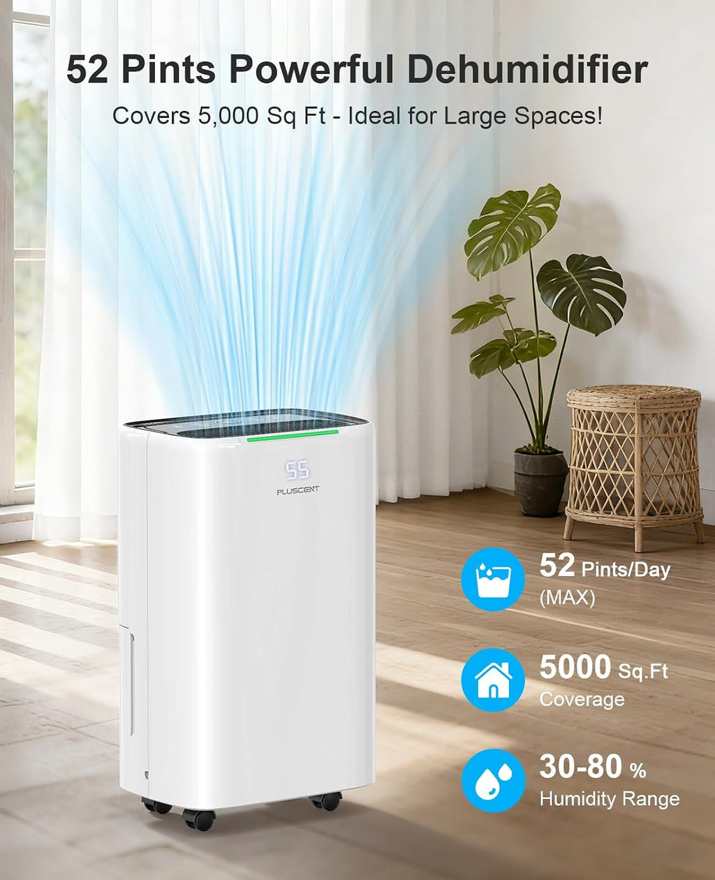PLUSCENT 5000 Sq.Ft Dehumidifiers for Home, 52 Pints Compressor Dehumidifier for Basement with Drain Hose, Smart Humidity Control, Auto Defrost, Auto Restart, 24H Timer, for Bedroom, Large Rooms