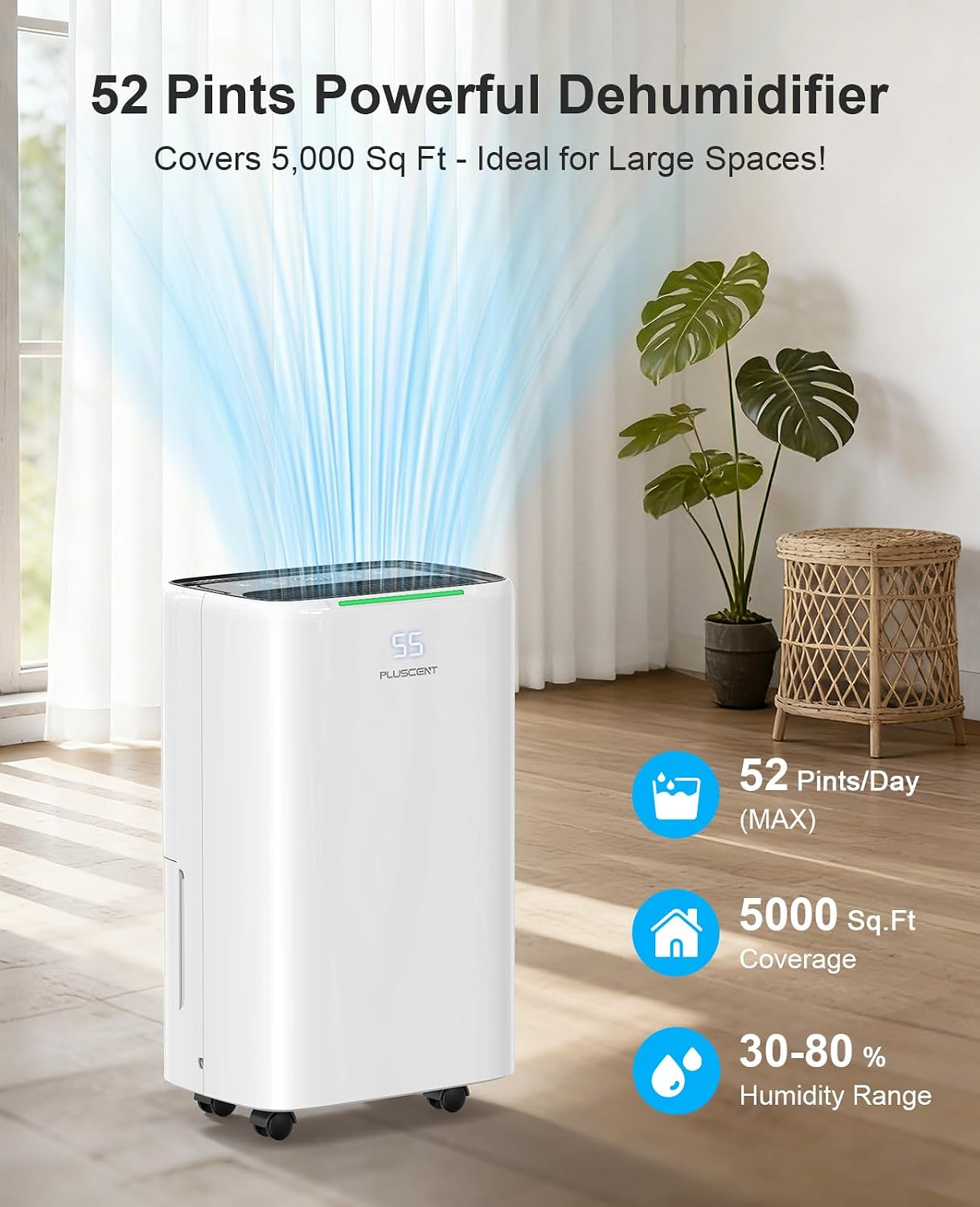 PLUSCENT 5000 Sq.Ft Dehumidifiers for Home, 52 Pints Compressor Dehumidifier for Basement with Drain Hose, Smart Humidity Control, Auto Defrost, Auto Restart, 24H Timer, for Bedroom, Large Rooms