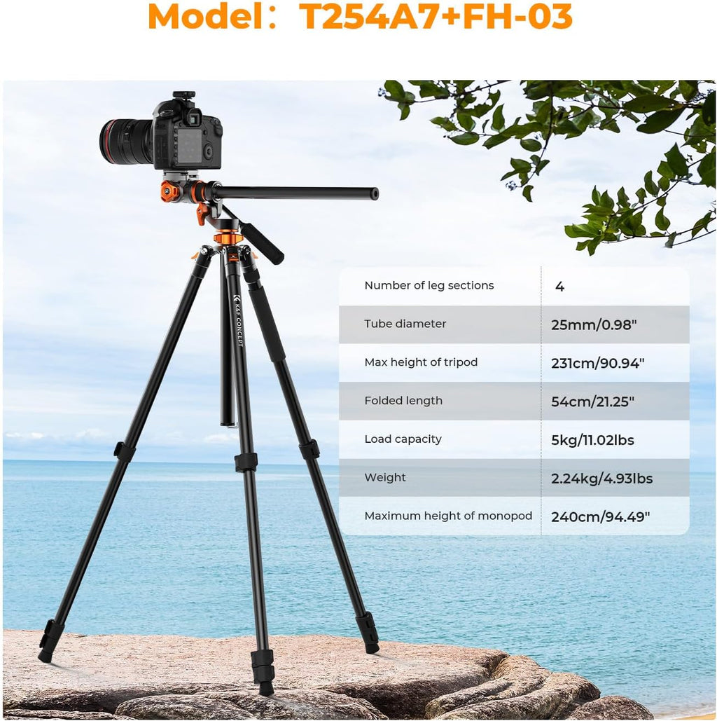 K&F CONCEPT 90''/230cm Overhead Camera Tripod, Horizontal Shooting Video Tripods with Fluid Head Heavy Duty, Detachable Monopod, for Indoor and Outdoor Use T254A7+FH-03