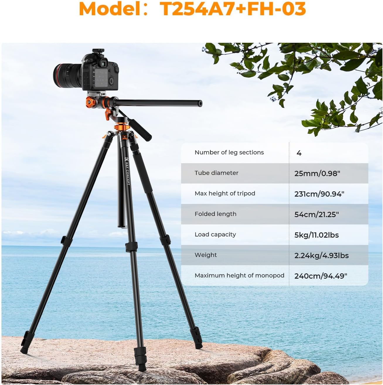 K&F CONCEPT 90''/230cm Overhead Camera Tripod, Horizontal Shooting Video Tripods with Fluid Head Heavy Duty, Detachable Monopod, for Indoor and Outdoor Use T254A7+FH-03