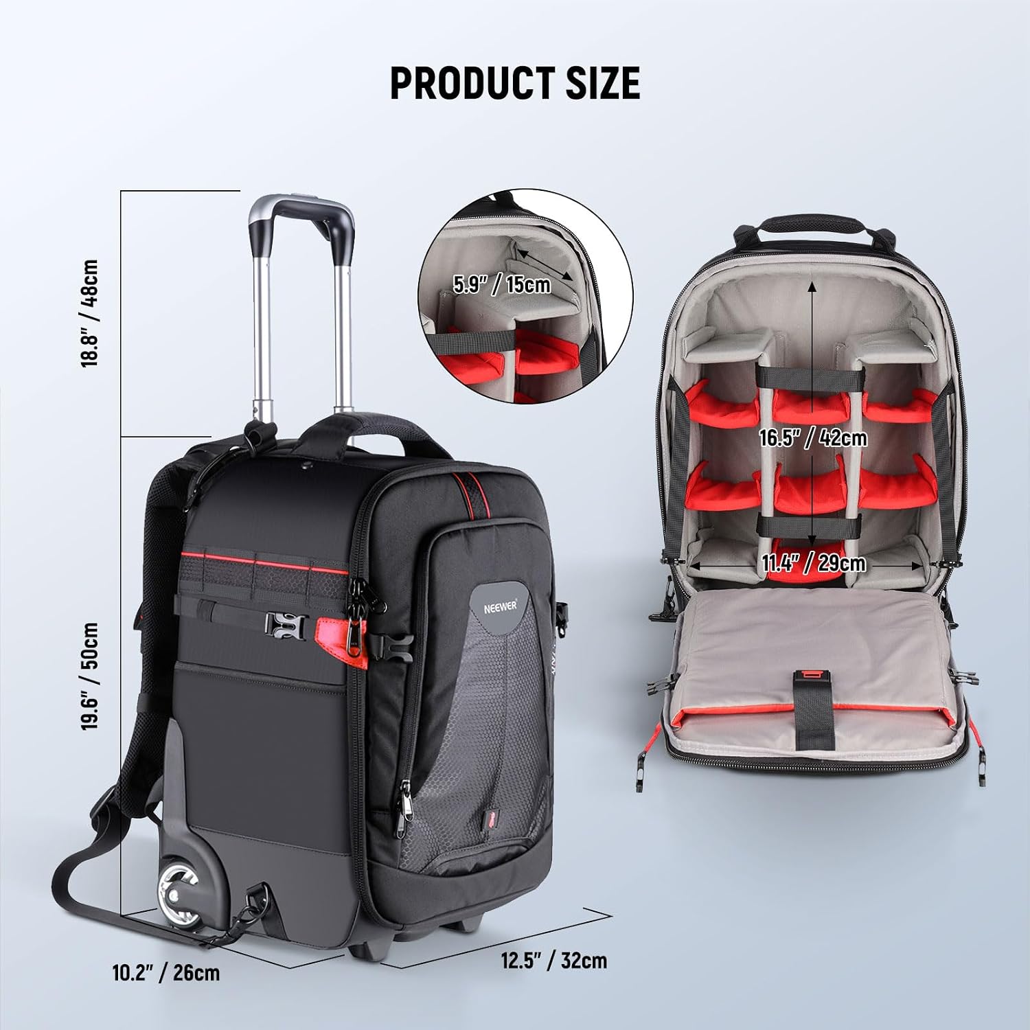 Neewer 2-in-1 Rolling Camera Backpack Trolley Case - Anti-Shock Detachable Padded Compartment, Hidden Pull Bar, Durable, Waterproof for Camera,Tripod,Flash Light,Lens,Laptop for Air Travelling(Black)