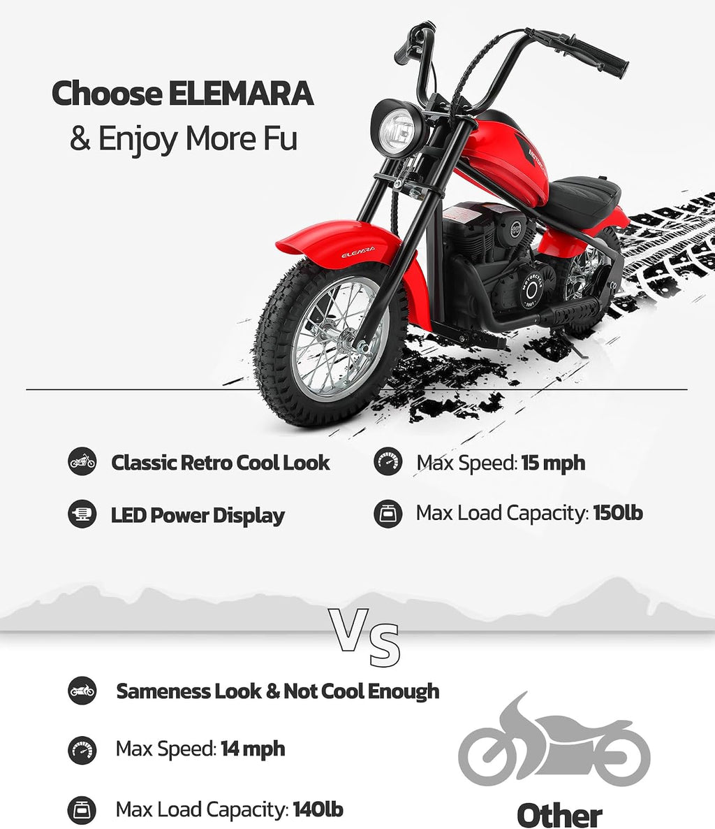 ELEMARA Electric Dirt Bike, 15 mph & 150lb Max, 24V Ride on Toy for Big Kids w/LED Lights & Power Display,Chain-Driven Motor,Twist-Grip Throttle, Shock Springs,Handbrake,12' Air-Filled Tires-Red