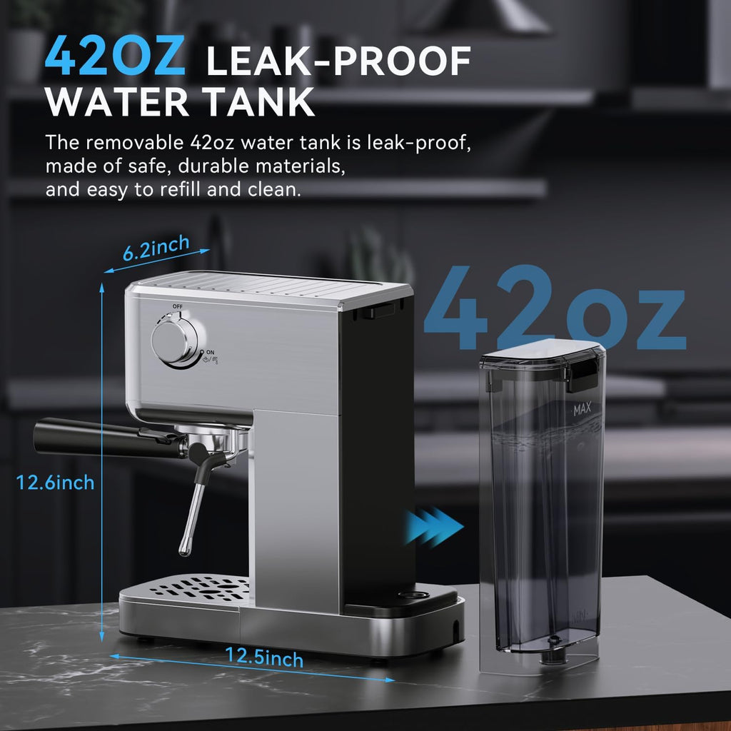 XIXUBX Espresso Machine 20 Bar with Milk Frother, Stainless Steel Coffee Maker with 42 oz Removable Water Tank for Cappuccino, Latte&Cold Brew, Home&Office, Silver
