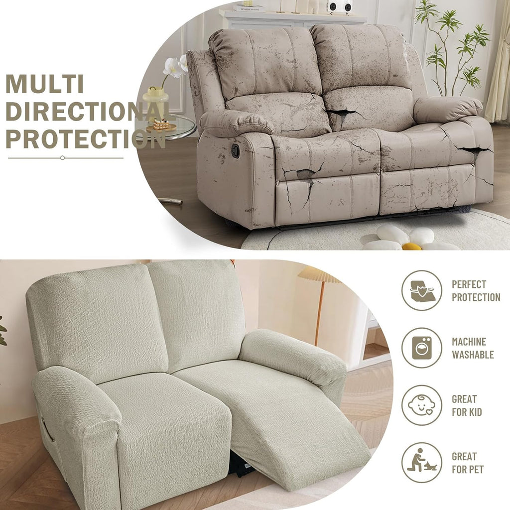 vctops 6 Pieces Cotton Linen Recliner Loveseat Slipcovers Rustic Stretch Soft Sofa Couch Cover Anti-Slip Furniture Protector with Elastic Bottom for Kids Cats Dogs (Beige Grey,2 Seat)