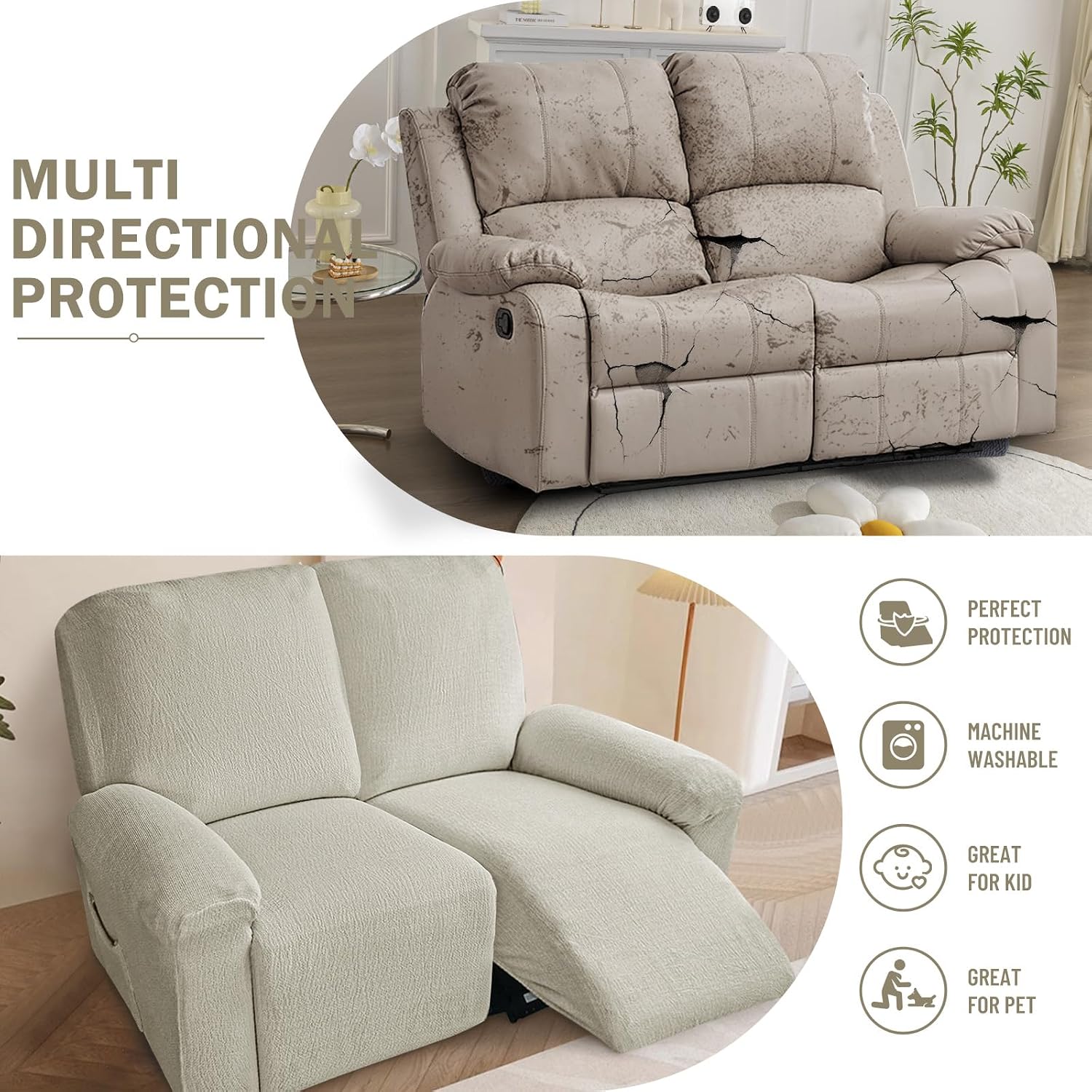 vctops 6 Pieces Cotton Linen Recliner Loveseat Slipcovers Rustic Stretch Soft Sofa Couch Cover Anti-Slip Furniture Protector with Elastic Bottom for Kids Cats Dogs (Beige Grey,2 Seat)