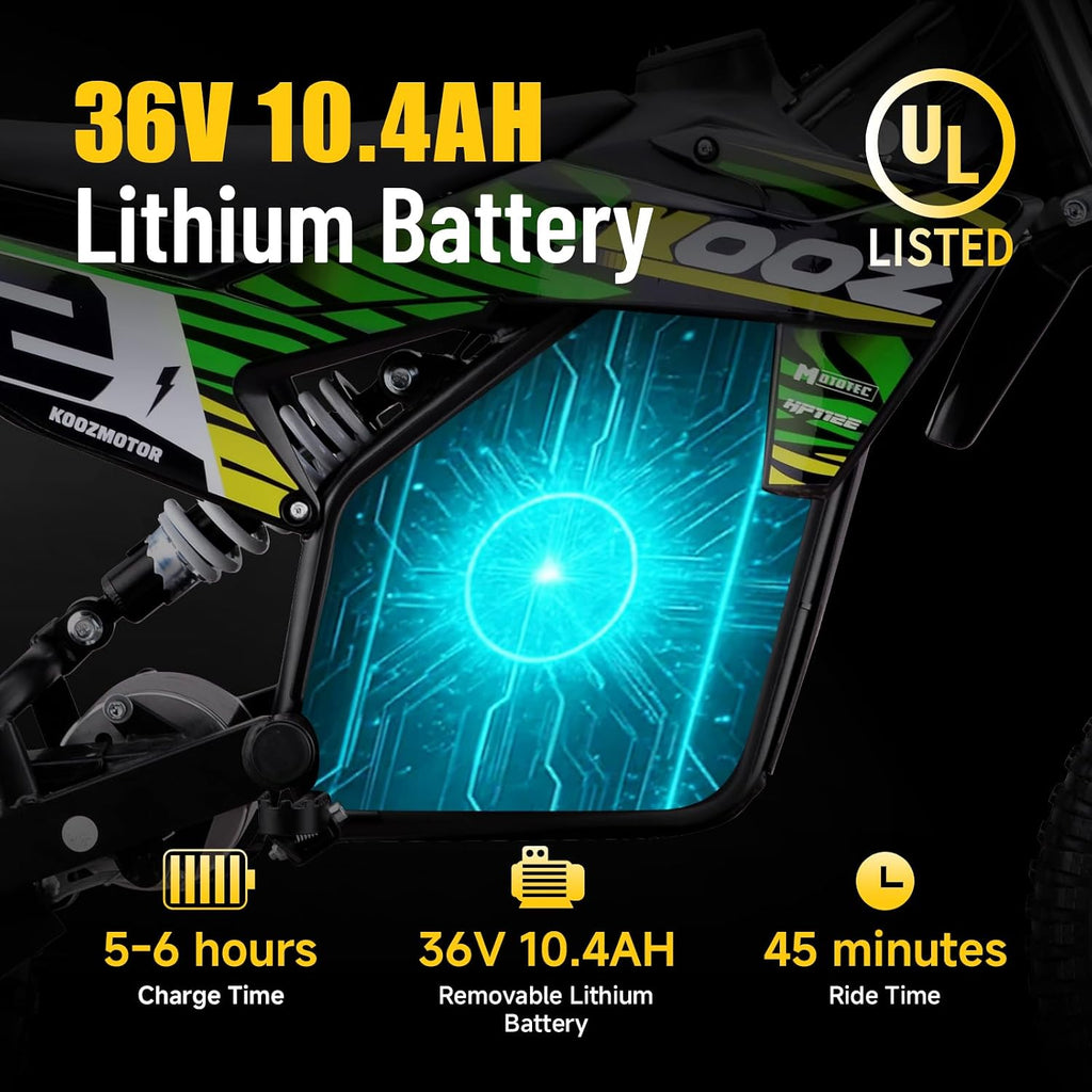 KOOZ HP112E PRO 36V 1000W Electric Dirt Bike for Kids, 3 Speed Modes Teen Electric Motorcycle Up to 20.6 MPH& 19 Miles Long-Range, Dual Suspension & Disc Brake, 16' Sturdy Tire
