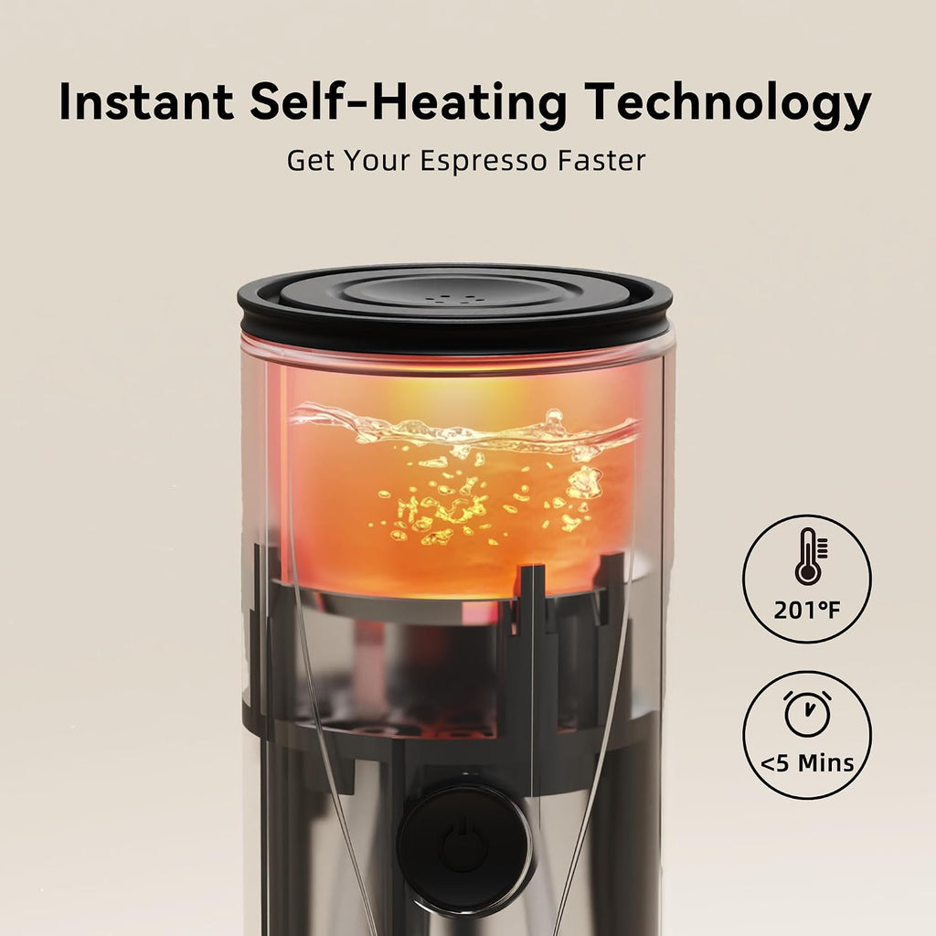 Portable Espresso Maker,Self-Heating Electric Mini Coffee Machine,Up to 20-Bar Pressure,Compatible with NS Capsules & Fine Grind,Coffee Maker for Outdoor Camping,Hiking,RV & Car, travel (Black)