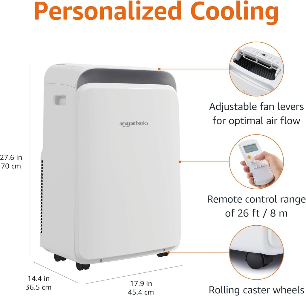Amazon Basics 3-In-1 Portable Air Conditioner with Remote, Timer, Sleep Mode, Auto Swing, Dehumidifier, 10000 BTU (ASHRAE)/6000 BTU (SACC), Cools Bedroom Up to 450 Sqf, White