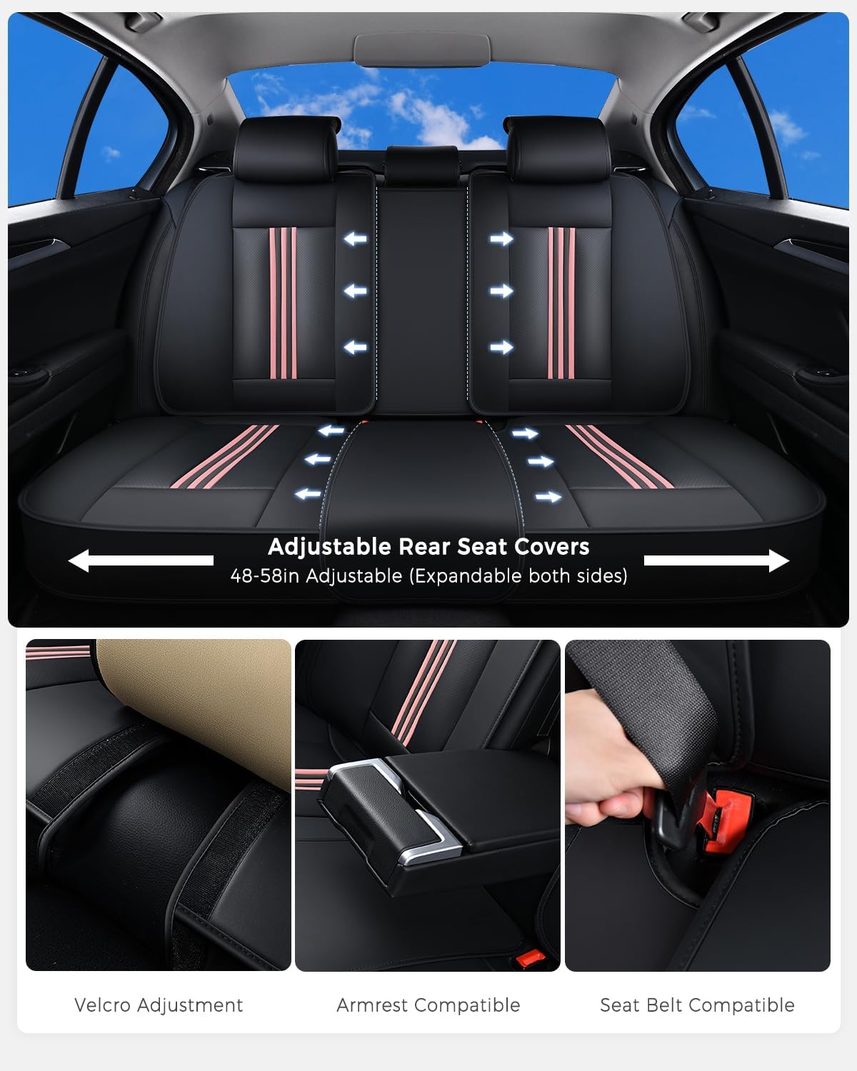 Huidasource Car Seat Cover, Seat Covers Nappa Leather with Lumbar Support, Side Elastic Fabric, Velcro Adjustable, Airbag, Ventilation Heating, Universal Fit for Most Cars SUV Trucks, Black＆Pink