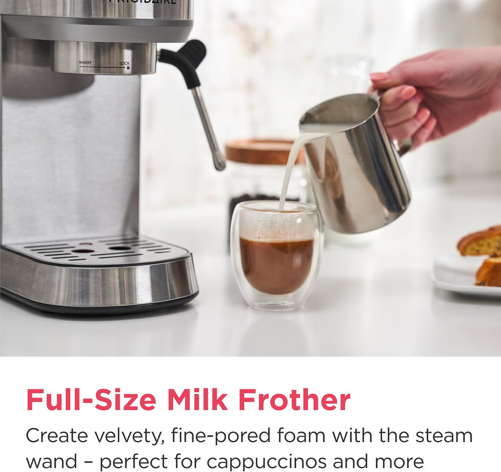 Frigidaire Steam Espresso Maker, Coffee Machine with Milk Frother & Cup Warmer, 20 Bar Pressure, 34 oz Removable Water Tank, Single or Double Shot, Stainless Steel