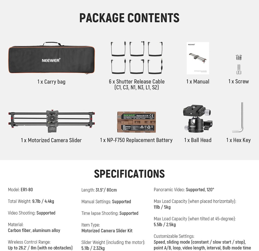 NEEWER 31.5'/80cm Motorized Camera Slider, App Wireless Control DSLR Carbon Fiber Dolly Rail Slider with 4400mAh F750 Battery (Charger Not Included), Support Video Mode, Time Lapse Photography, ER1-80