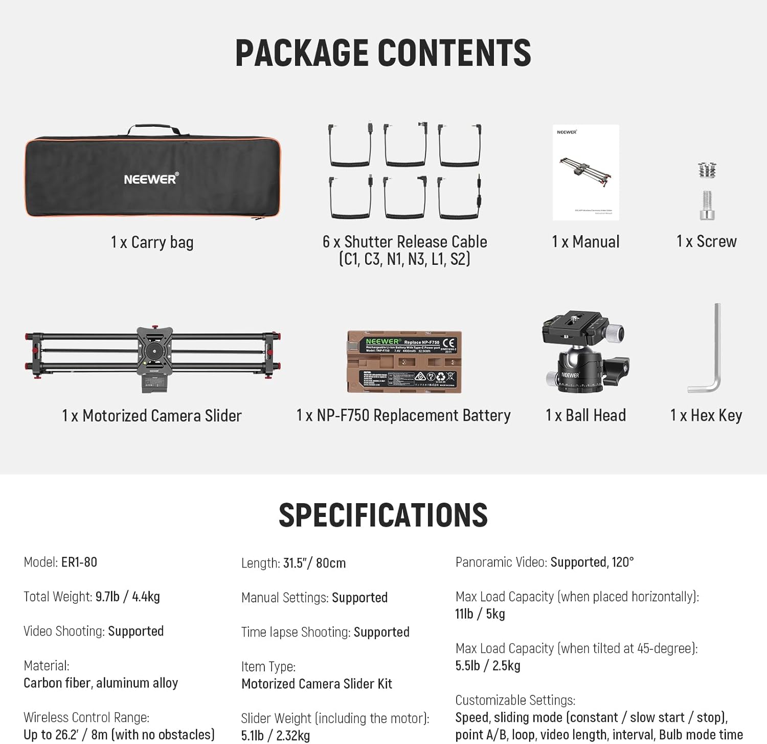 NEEWER 31.5'/80cm Motorized Camera Slider, App Wireless Control DSLR Carbon Fiber Dolly Rail Slider with 4400mAh F750 Battery (Charger Not Included), Support Video Mode, Time Lapse Photography, ER1-80