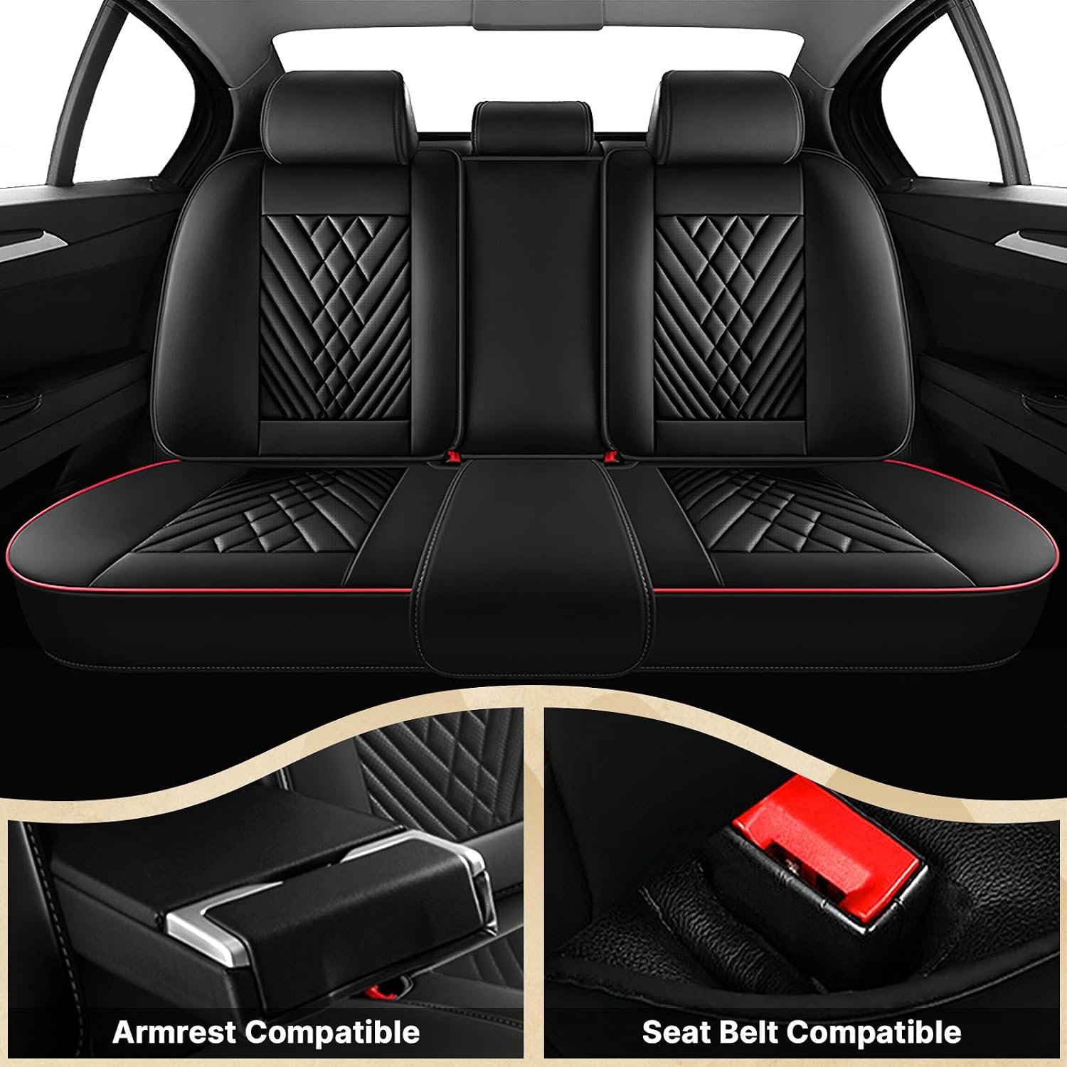 Fit for 97% of Cadillac Seat Covers, Fashion Sport Seat Cover with Waterproof Leather, Airbag Safe Design Seat Protector (5 Full Seat Luxury, Black Red)