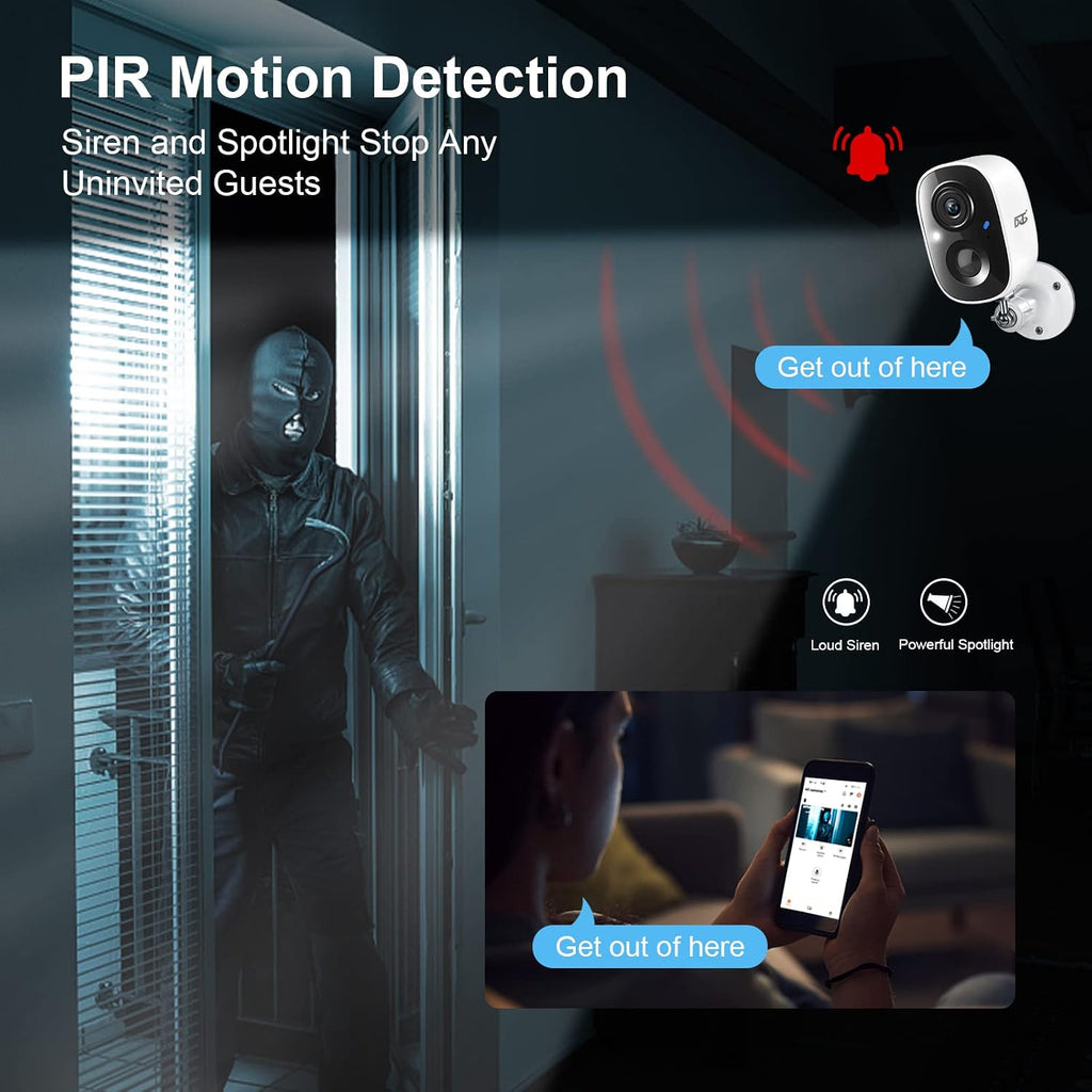 DCT 2Pcs Security Camera Wireless Outdoor, Battery Powered WiFi Surveillance Cameras for Home Security Outside, 2K Color Night Vision AI Motion Detection Siren Alarm Spotlight 2-Way Talk Waterproof