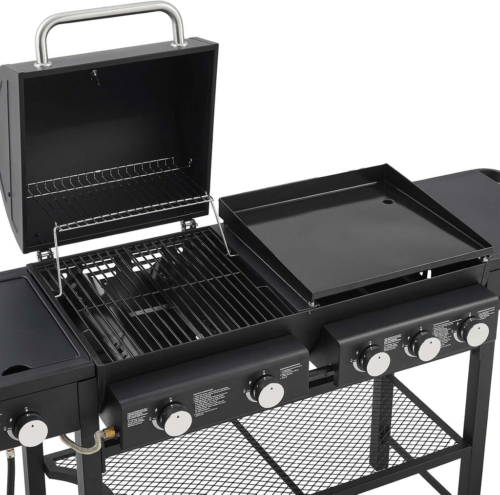 5 Burners Propane Gas Grill and Griddle Combo with Side Burner, 3 in 1 Griddle Grill and Porcelain-Enameled Cast Iron Grates, 56,000 BTU Outdoor Cooking Barbecue Grill, Black