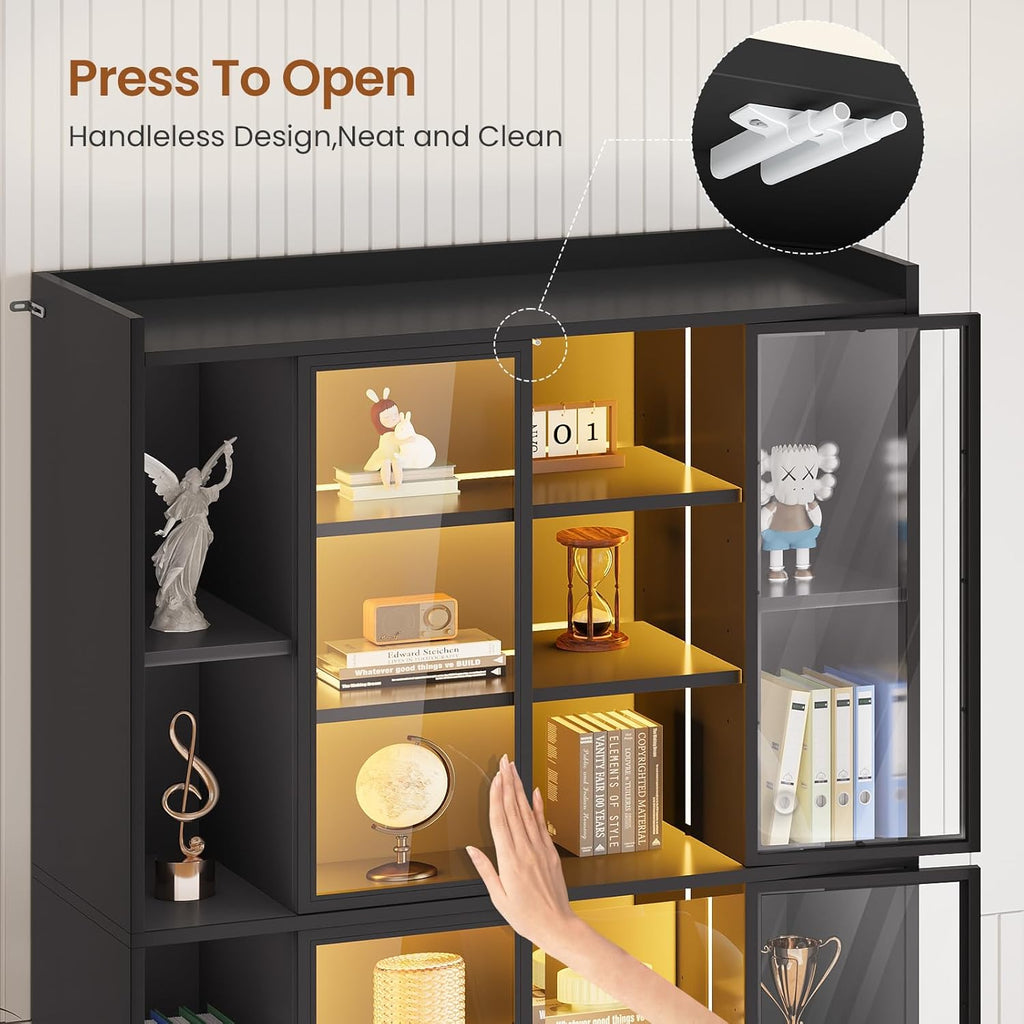 SEDETA 71' Display Cabinet with Acrylic Glass Doors, 6 Tier Display Cases for Collectibles, Curio Cabinet with LED Lights, Tall Bookcase with Adjustable Shelves, Black