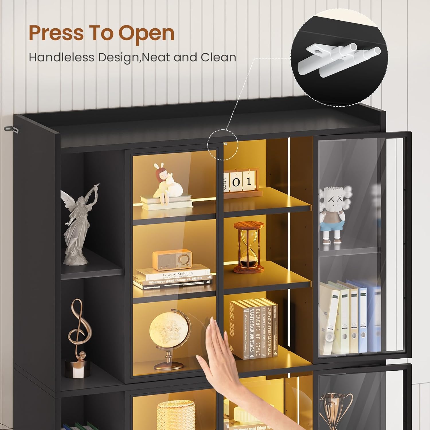 SEDETA 71' Display Cabinet with Acrylic Glass Doors, 6 Tier Display Cases for Collectibles, Curio Cabinet with LED Lights, Tall Bookcase with Adjustable Shelves, Black