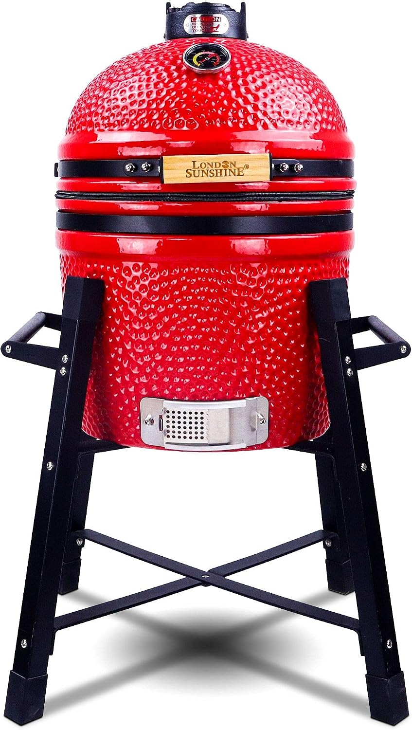 London Sunshine Ceramic Kamado Charcoal BBQ Grill and Smoker, Stainless Steel Grates -15' Ceramic with Tall Stand (RED)