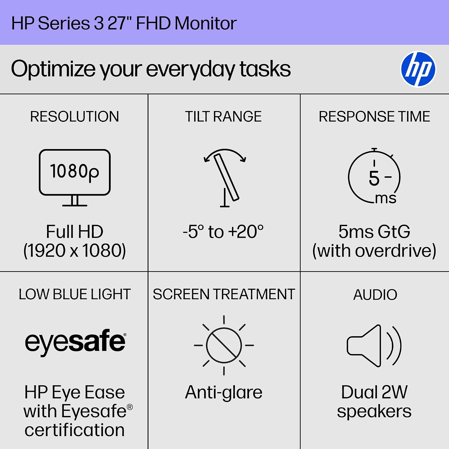 HP Series 3 27 inch FHD Monitor, Full HD Display (1920 x 1080), IPS Panel, 1300:1 Contrast Ratio, 250 Nits, Eye Ease with Eyesafe Certification, Black, 327se (2025)