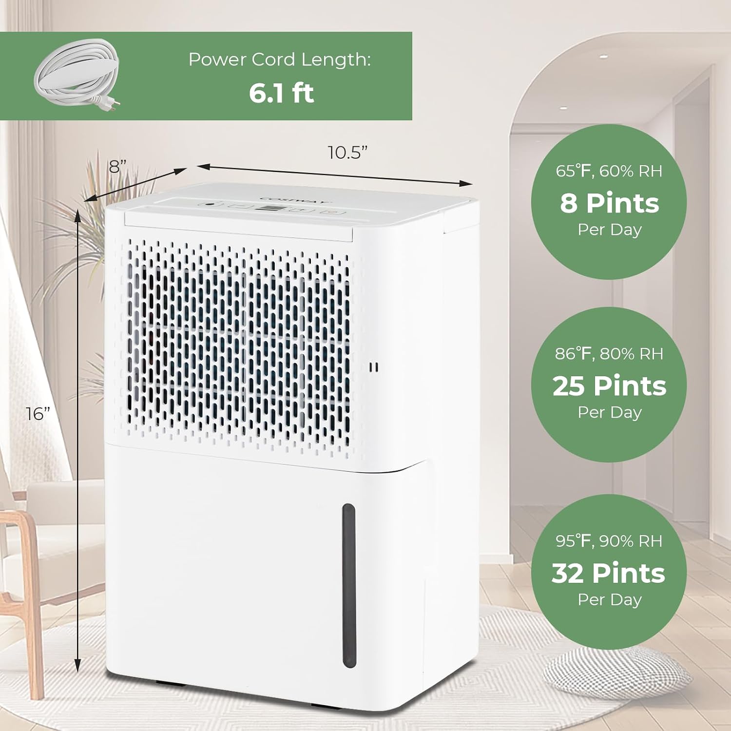 COSTWAY 2000 Sq. Ft Dehumidifier for Basement, 32 Pint Quiet & Energy Efficient Dehumidifier with Continuous/Drying/Auto Mode, 24H Timer, Drain Hose & Portable Handle for Bathroom Bedroom