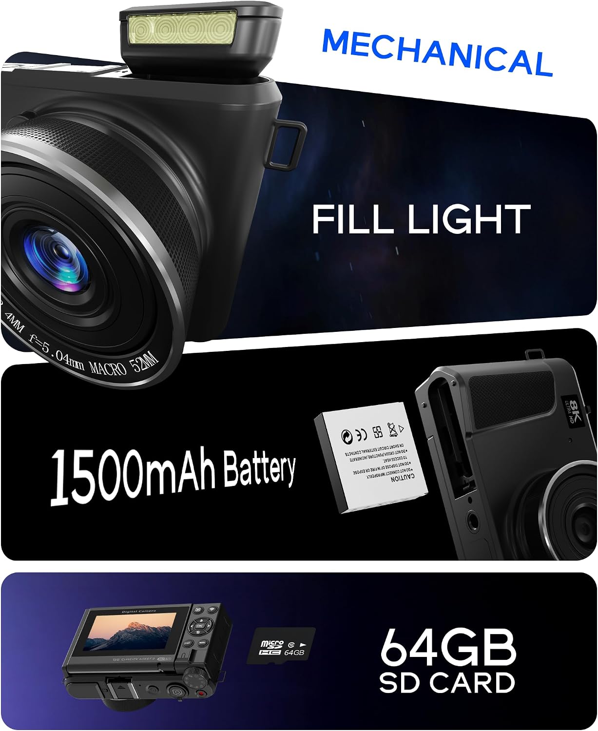 8K Digital Camera for Photography - 88MP Autofocus Vlogging Camera for YouTube with 64GB SD Card, WiFi, 18X Zoom 3' 180° Flip Screen Compact Travel Camera with 2 Batteries for Teens and Beginner